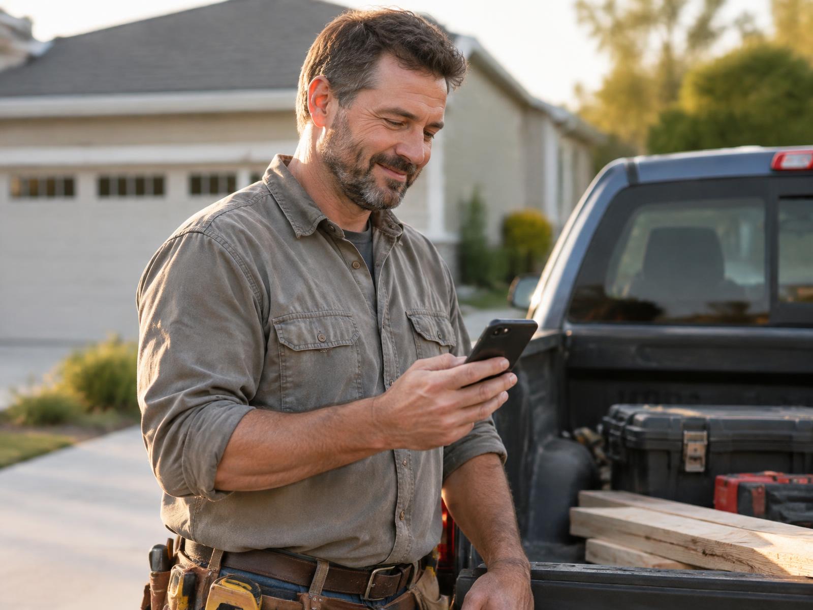A contractor beside his truck reading a customer reply on his phone